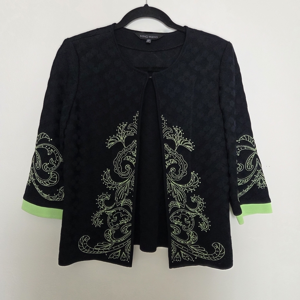 Ming Wang Black and Green Embroidered Open Cardigan Jacket XS - Picture 1 of 8